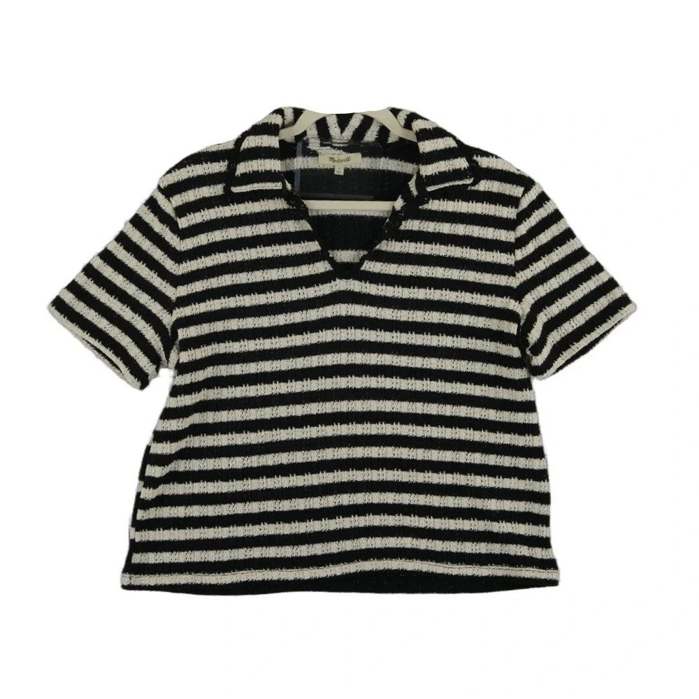 Madewell Polo Sweater Women's Size Medium Black White Striped V Neck Knit Top
